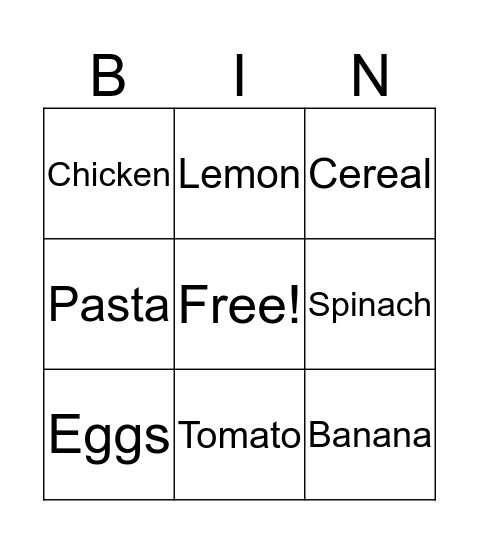 Food Items Bingo Card