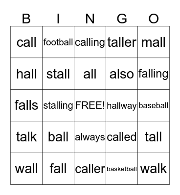 /al/ words Bingo Card