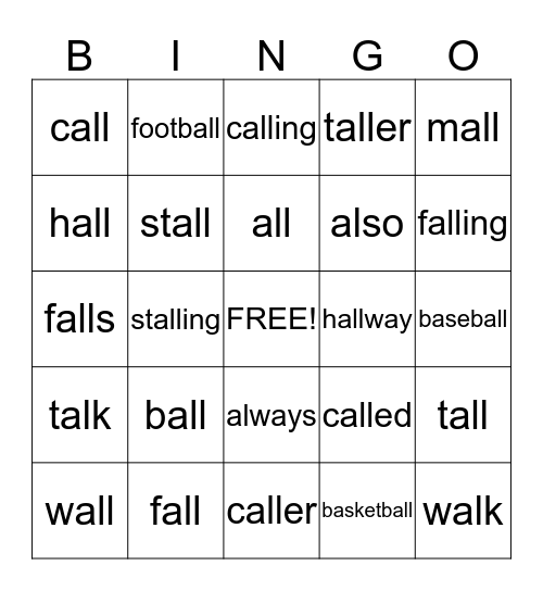 /al/ words Bingo Card