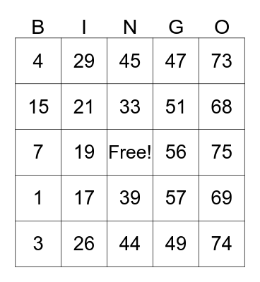 number bingo Card