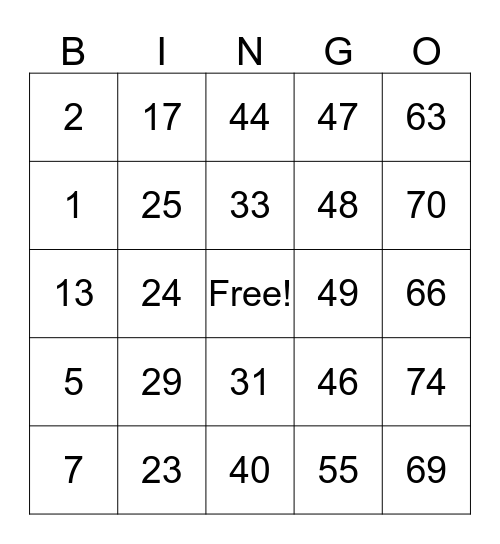number bingo Card