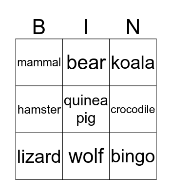 animals bingo Card