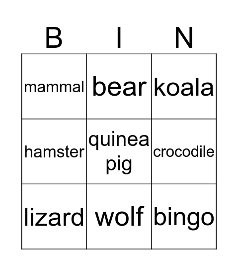 animals bingo Card