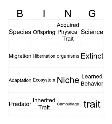 Adaptations/Traits Bingo Card