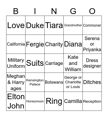 ROYAL WEDDING BINGO Card