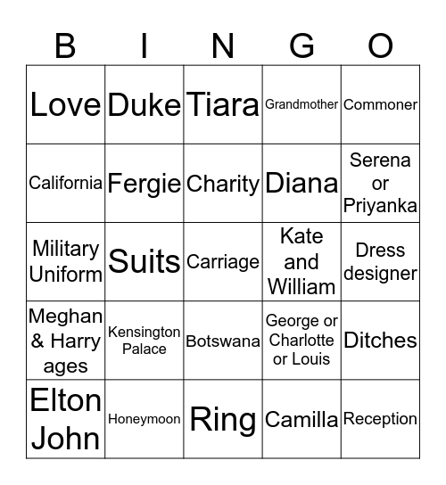 ROYAL WEDDING BINGO Card