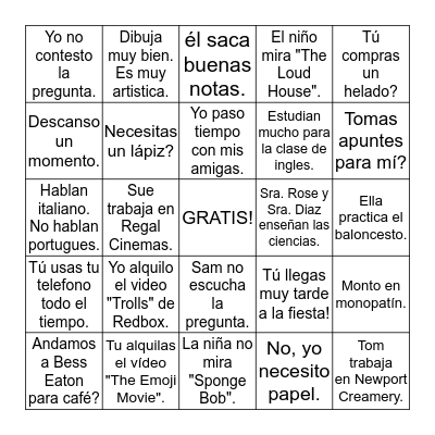 Sentences with "AR" verbs Bingo Card