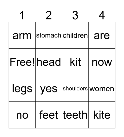 Body Parts Bingo Card