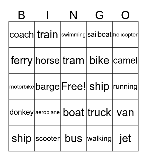 Types of Transport Bingo Card