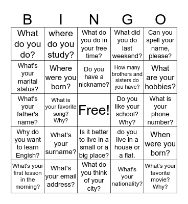 Questions for Information Bingo Card