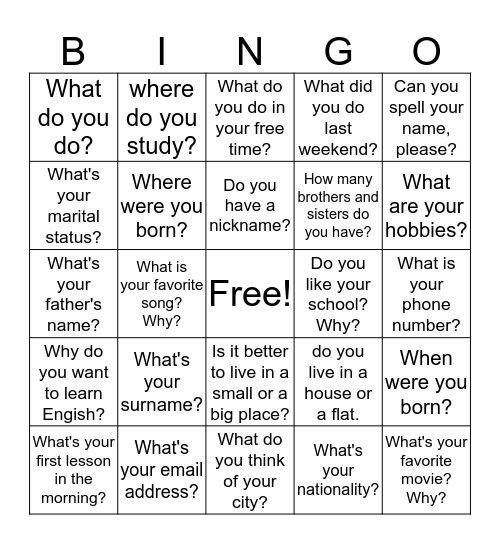 Questions for Information Bingo Card