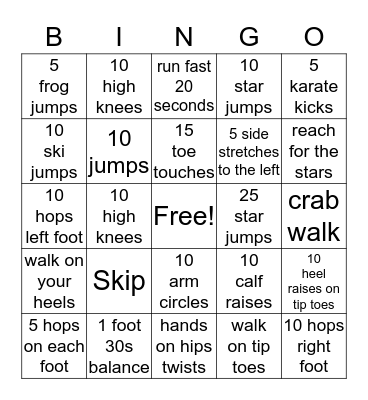 Fitness Bingo Card