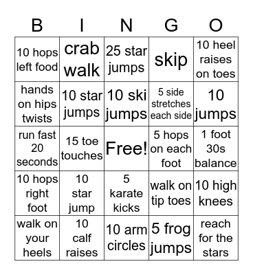 Fitness Bingo Card