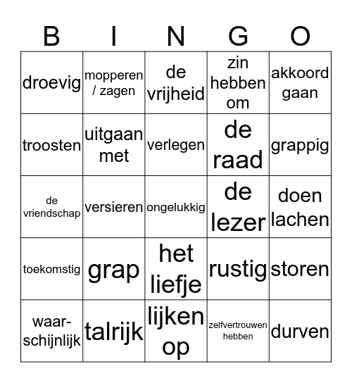 Bingo vocabulaire PASS 18 Bingo Card