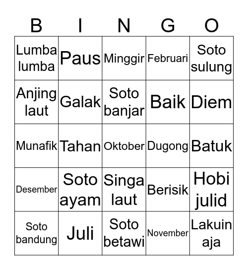 N. Bingo Card