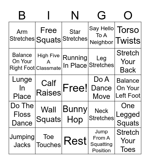 Phys Ed Bingo Card