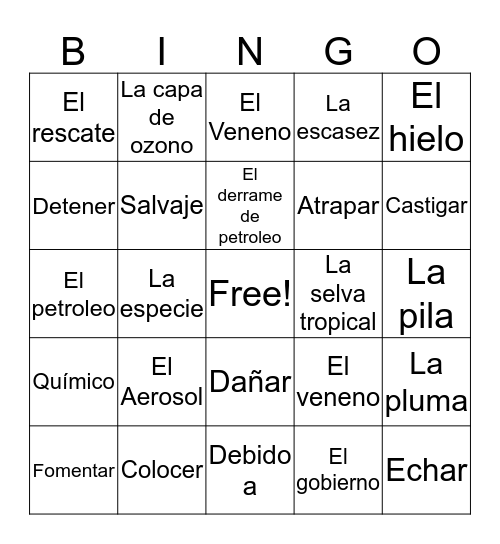 Vocabulario: El medio ambiente Bingo Card