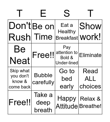 Test Stress Bingo Card