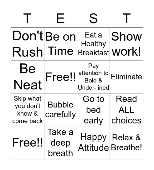 Test Stress Bingo Card