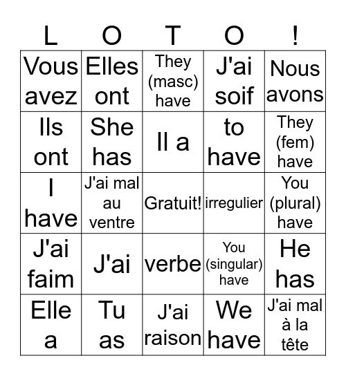 Avoir au Present Bingo Card