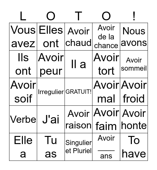 Avoir au Présent Bingo Card