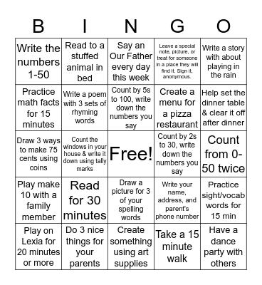 Homework Bingo Card