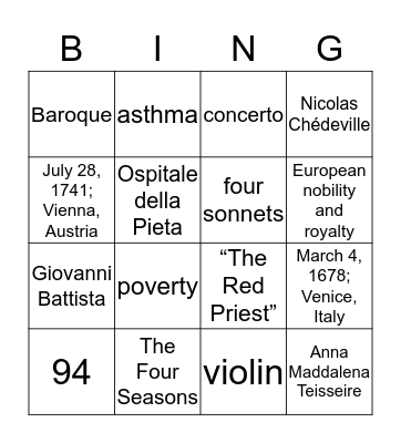 Antonio Vivaldi Bingo Card