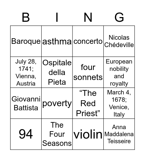Antonio Vivaldi Bingo Card
