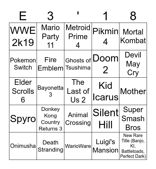 E3 2018 Bingo Card
