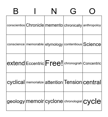 Vocabulary bingo Card