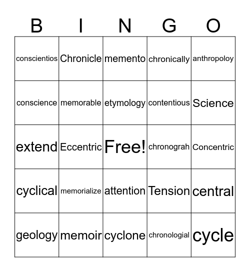 Vocabulary bingo Card