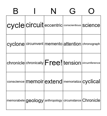 vocabulary bord Bingo Card