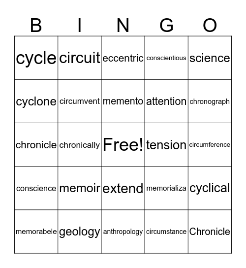 vocabulary bord Bingo Card