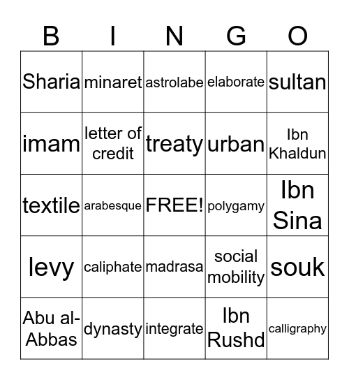 Chapter 4 - The Islamic World Bingo Card