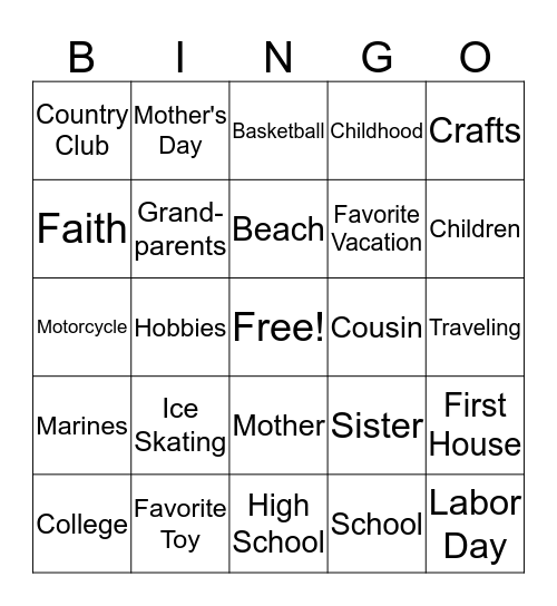 Celebrating Life's Stories Bingo Card