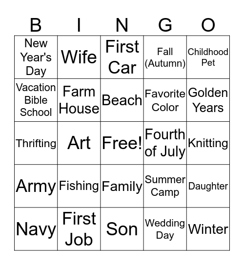 Celebrating Life's Stories Bingo Card