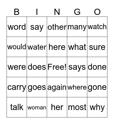 Sight Words Bingo Card