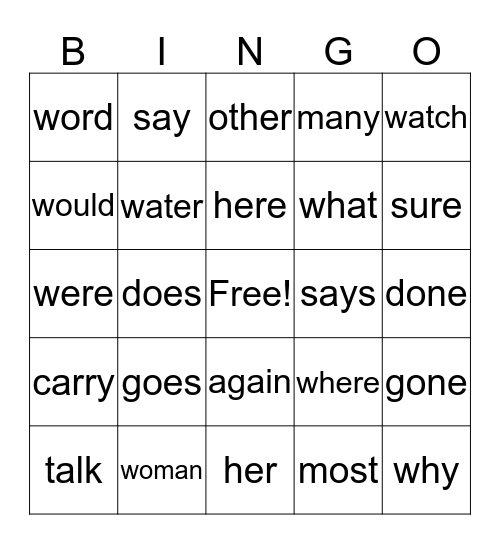 Sight Words Bingo Card