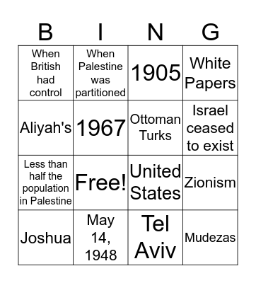 Israel  Bingo Card