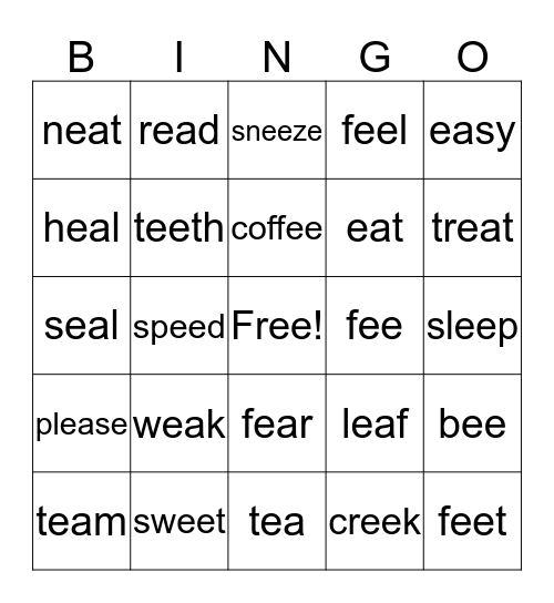 Sight Words Bingo Card
