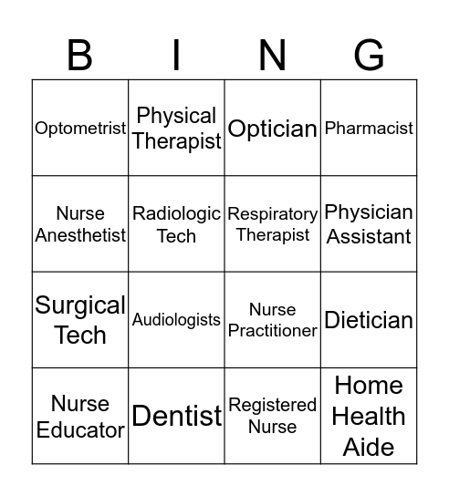Careers in Healthcare Bingo!  Bingo Card