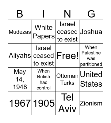 Israel Bingo Card