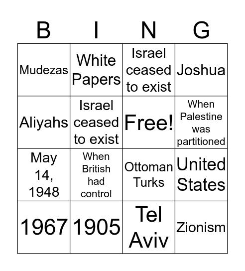 Israel Bingo Card