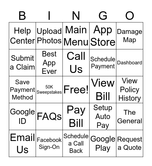 The General App Launch Party BINGO Card