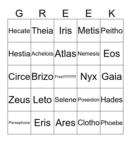 Greek Mythology Bingo Card