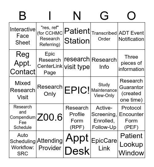 Epic Research Training Bingo Card