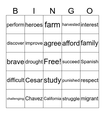 Cesar Chavez Bingo Card