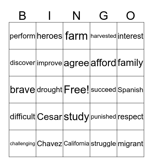 Cesar Chavez Bingo Card