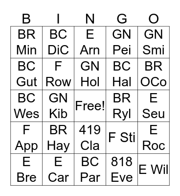 Call Number BINGO Card