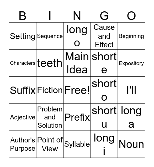 2nd Grade Reading Skills Bingo Card